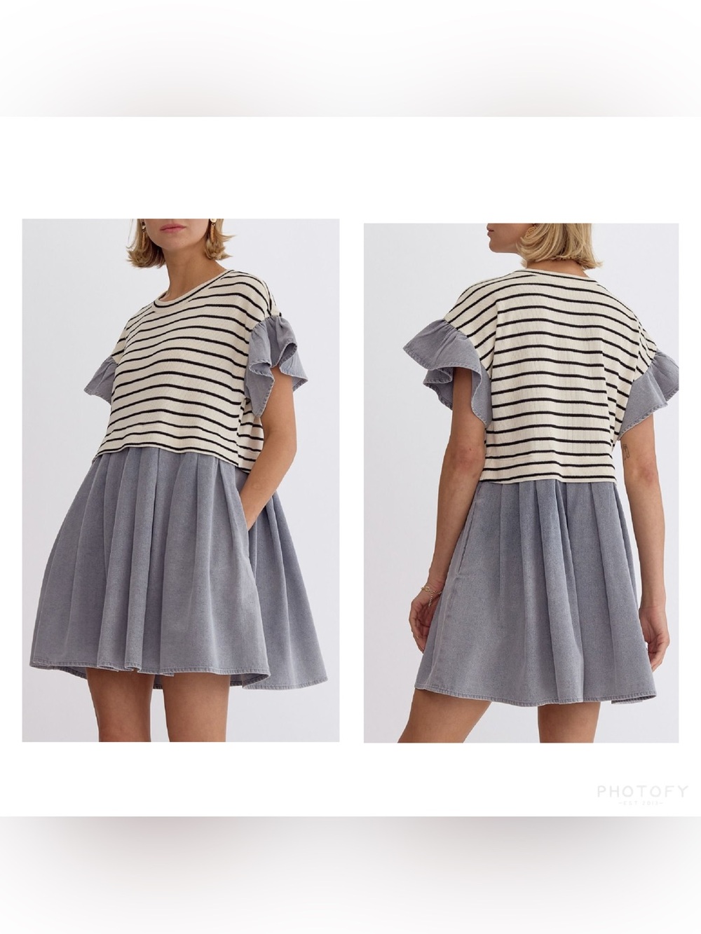 Entro Mixed Knit Denim Dress 2-n-1 Look Ruffle Sleeves NWOT Oversized Sz S 2-4